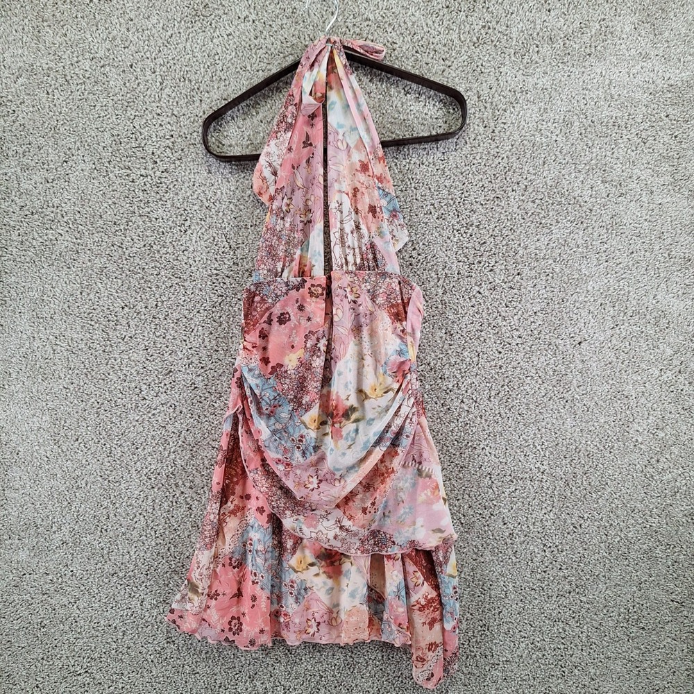 SHEIN Mini Dress Womens M Pink Floral‎ Patchwork Halter Neck Boho Cottagecore
